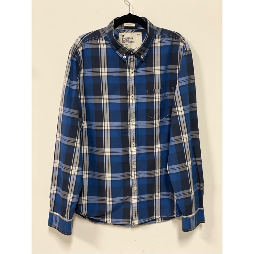 Men's American Eagle Outfitters Plaid Long Sleeve Button Down Shirt Blue Size XL